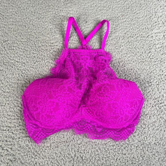 Victoria's Secret PINK Lace Push-Up Pigeonnant Bra M A-C Fushia Floral - Picture 1 of 8